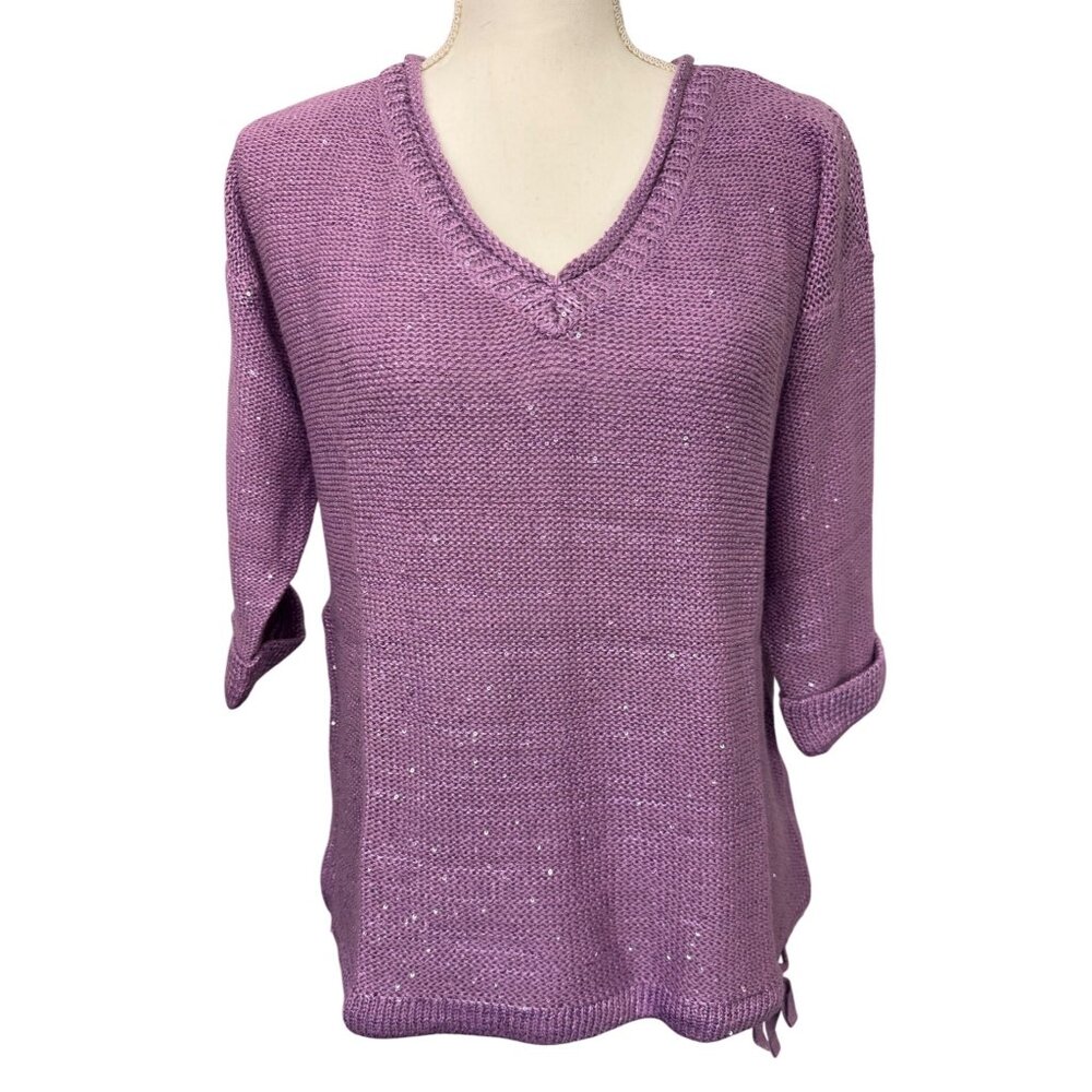 DKNY Jeans Women’s L Purple V-Neck Sequin Knit Sweater 3/4 Sleeves Light Comfort - Picture 1 of 9